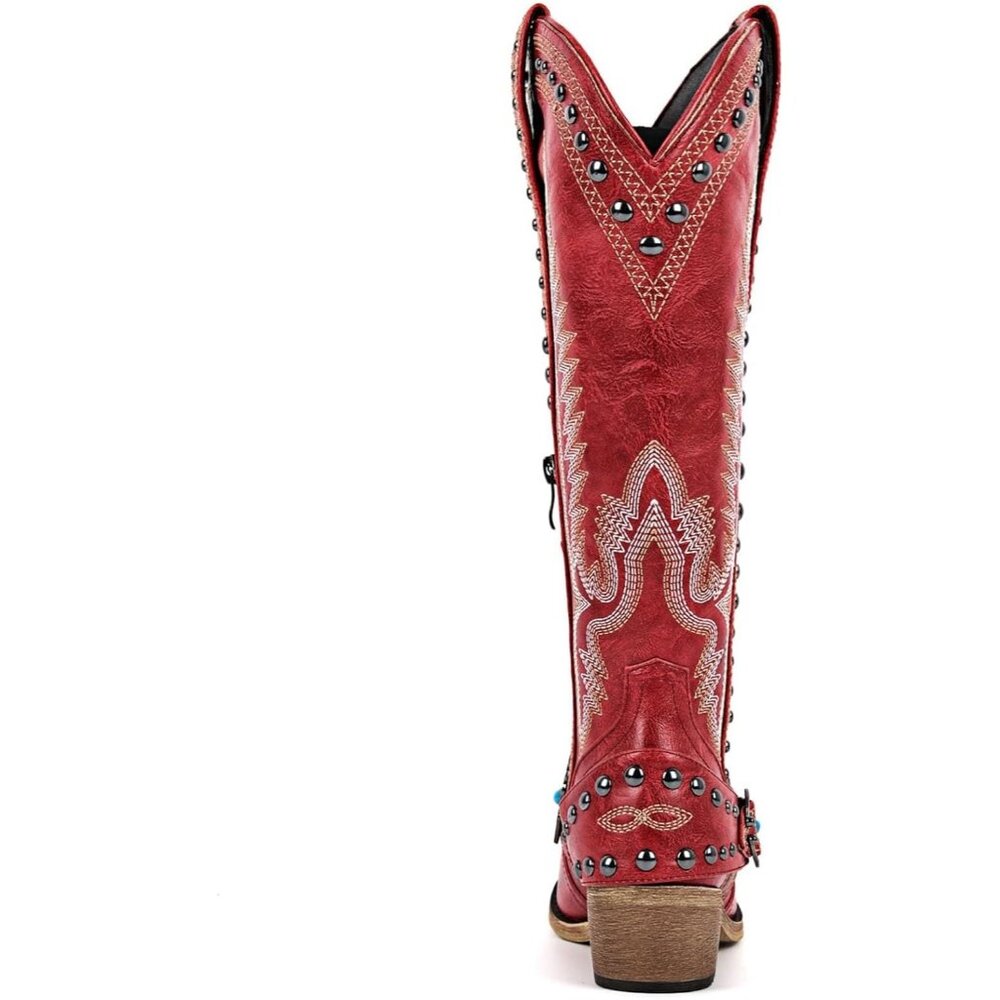 Women's Red Leather Embroidered Knee High Chunky Heels Western Cowgirl Boots - Picture 6 of 6